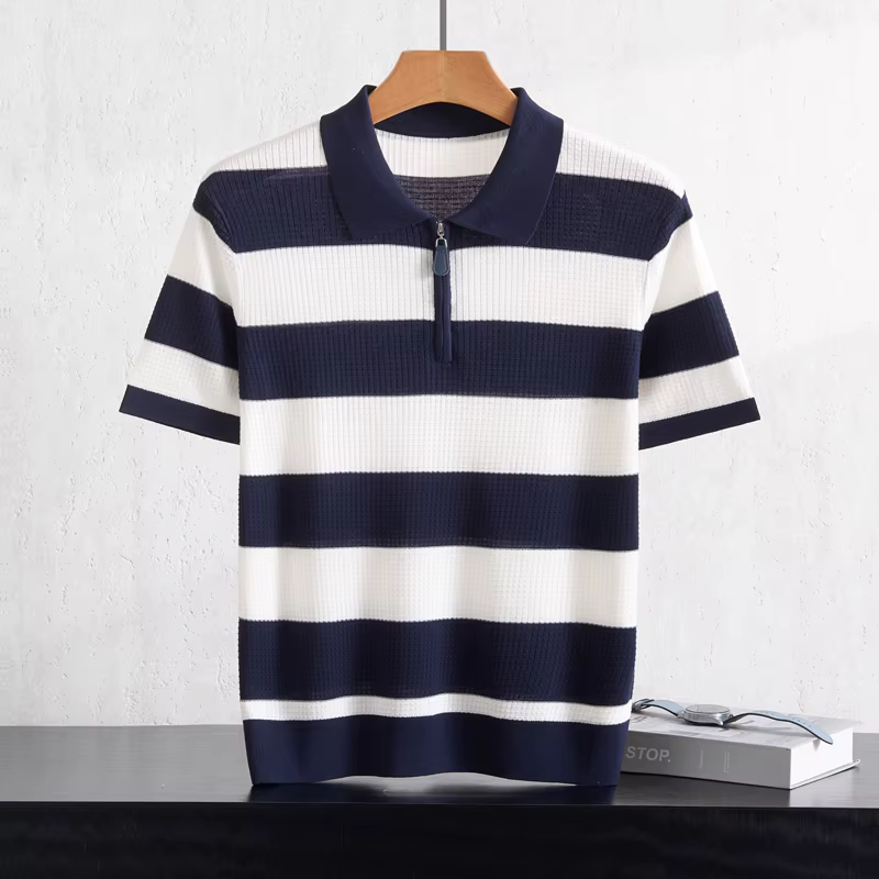 T-shirt pour homme à col polo rayé en tricot à manches courtes 100% Lyocell respirant et confortable pour le travail et les loisirs