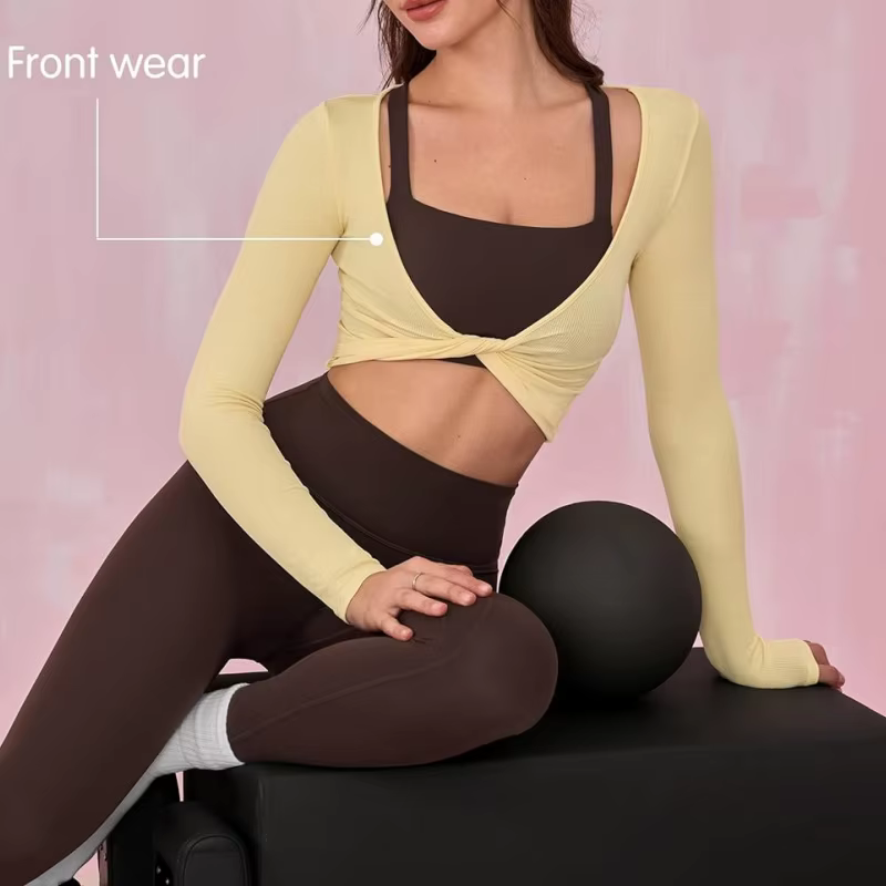 Haut court côtelé moulant pour femme, sexy, à torsion sur le devant, à manches longues, séchage rapide, pour le yoga, la gym, la course et l'entraînement, vêtement de sport