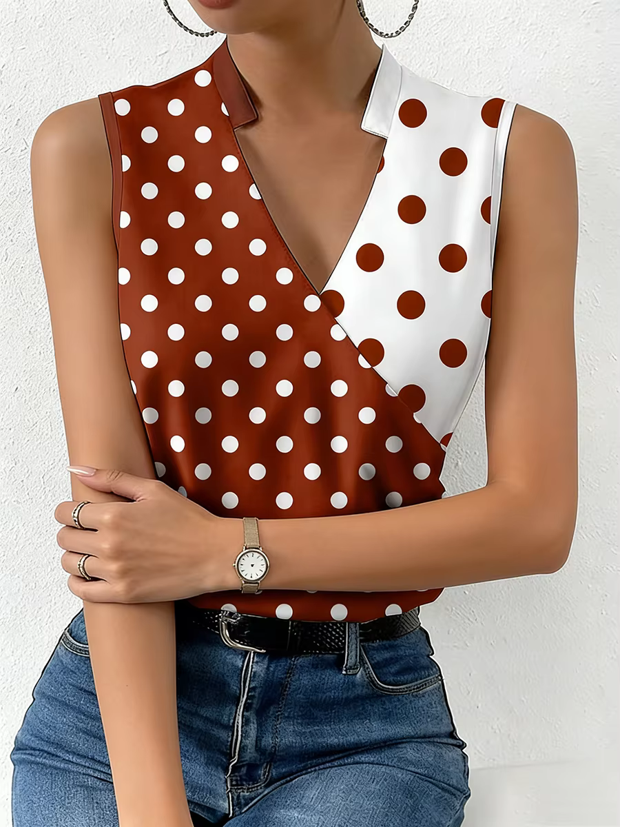 Débardeur Femme Tendance Printemps-Été Marron Blanc à Pois Col V Effet Cache-Cœur Rétro Décontracté Quotidien Saint-Valentin