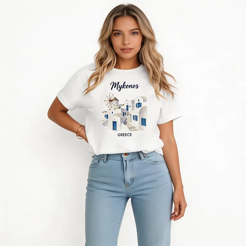 T-shirt décontracté à manches courtes pour femmes avec imprimé Santorin Grèce