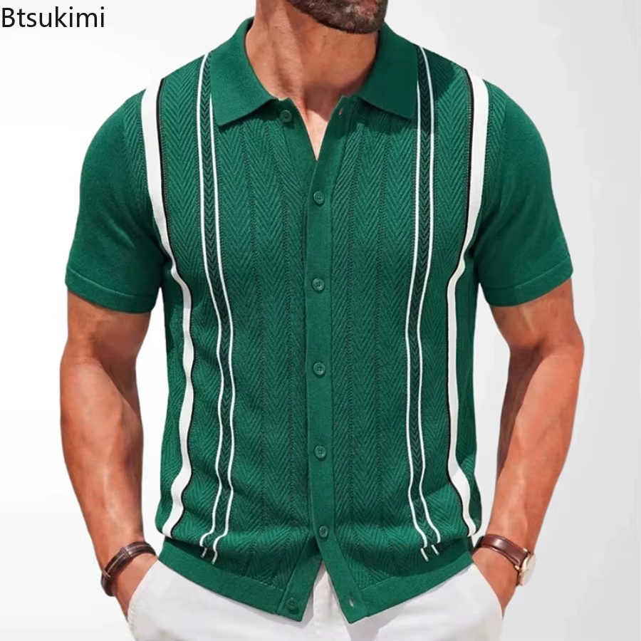 Chemises polo en tricot rayées rétro pour hommes