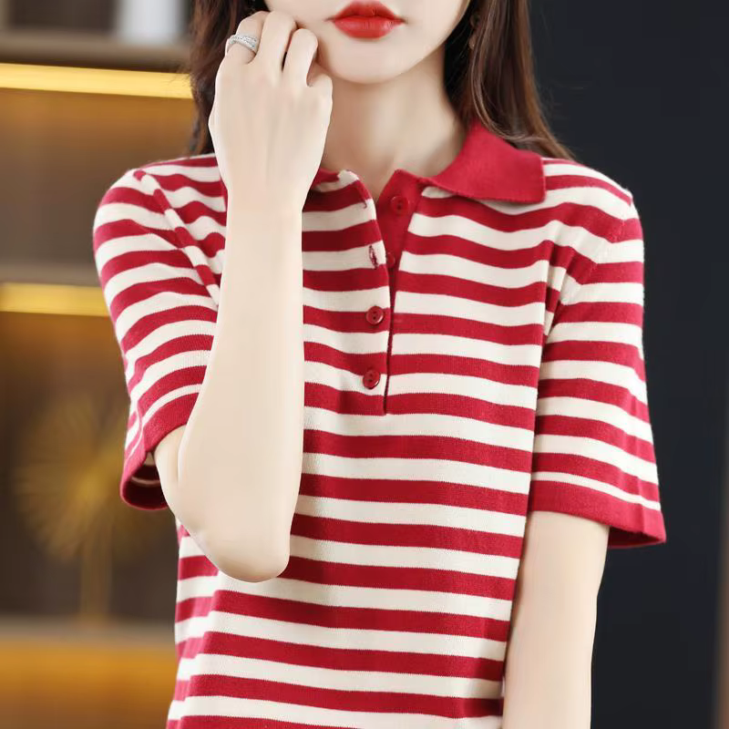 T-shirt femme rayé hauts bouton à manches courtes