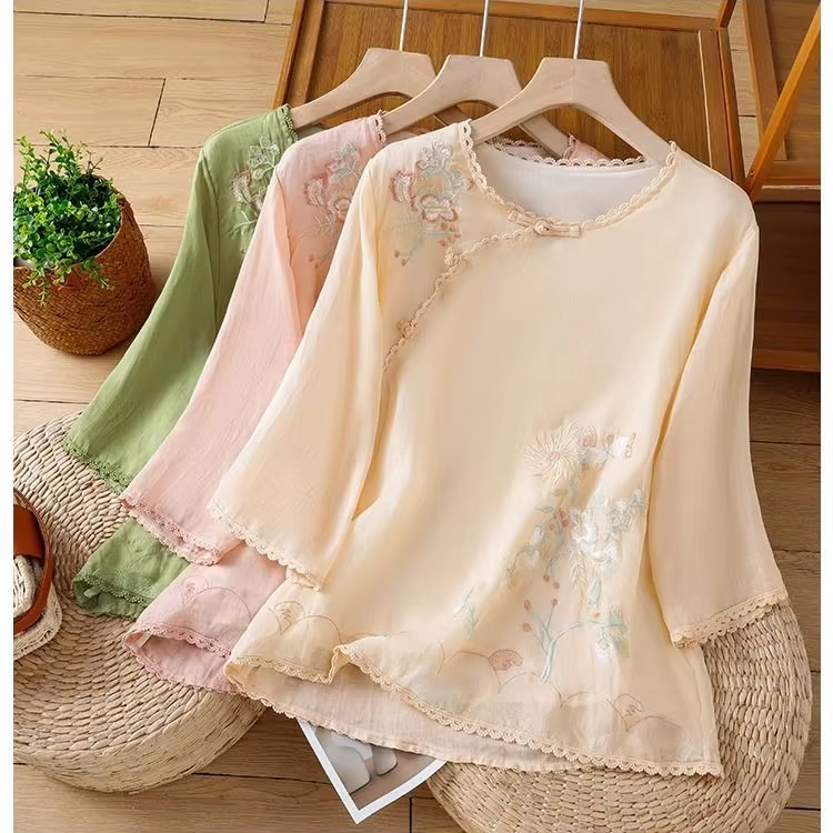 Brodé Vintage T-Shirts haut pour femme t-shirt d'été