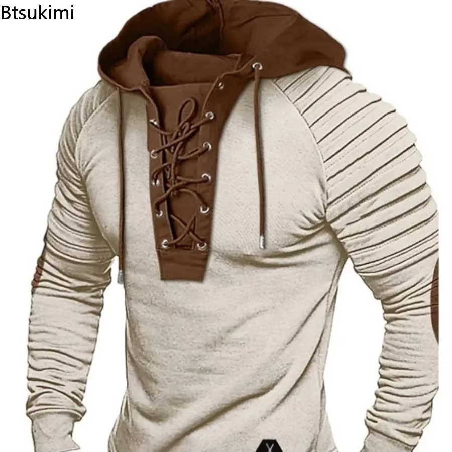 Sweat à capuche vintage pour homme 2026 avec cordon de serrage et épaules plissées – Haut quotidien doux