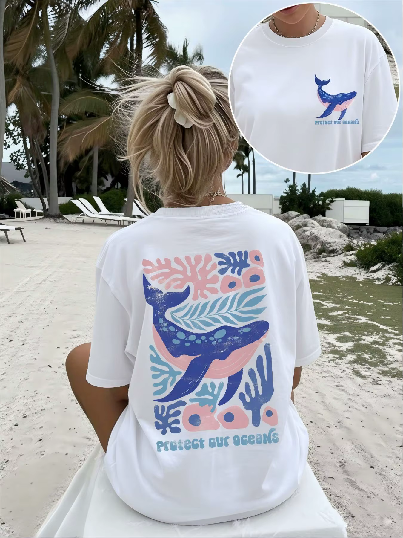 T-shirt esthétique à motif de baleine bleue