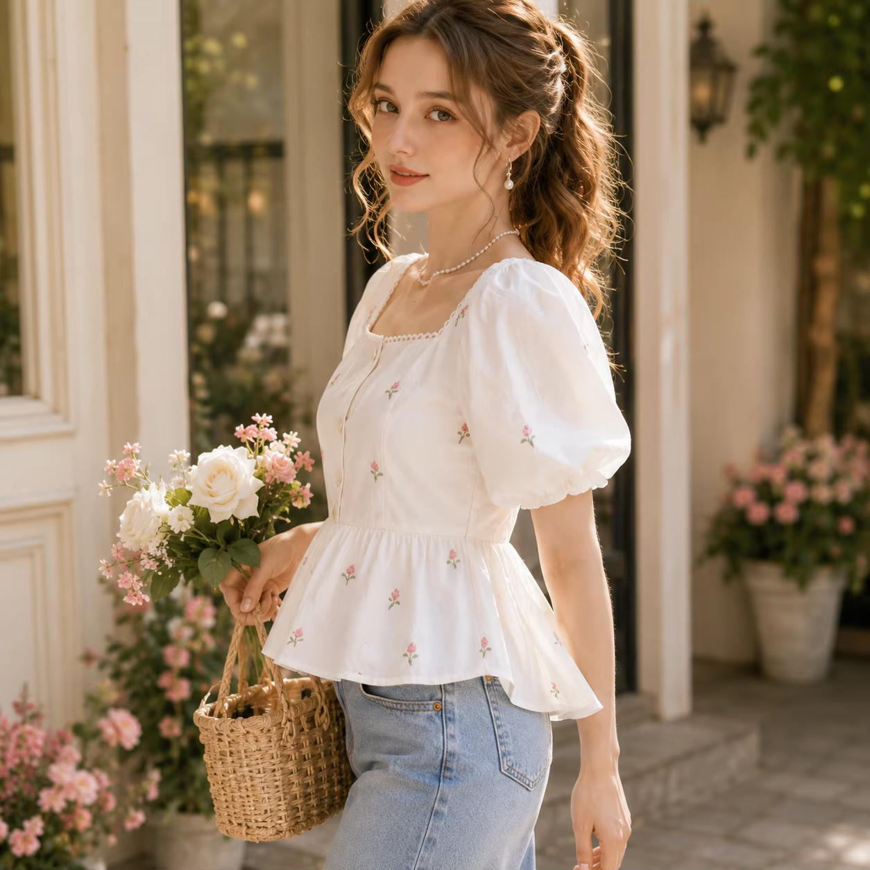Chemisier floral pour femme à col carré et manches bouffantes, style peplum, coupe ajustée, style babydoll, manches courtes, idéal pour l'été, style cottagecore