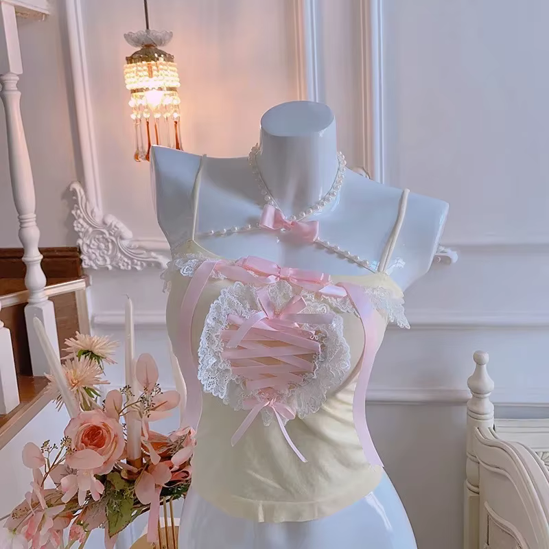 Haut court en dentelle en forme de cœur pour femmes, garniture mignonne, décoration de nœud, coupe couvertes, vêtements Sweet Girls, style Lolita Kawaii, été