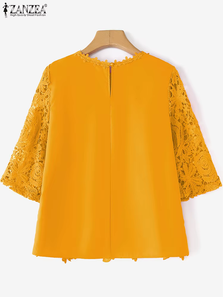 ZANZEA élégant dentelle Patchwork Blouse été hauts 2025 transparent chemises décontractées mode 3/4 manches bureau dame Blusas surdimensionné