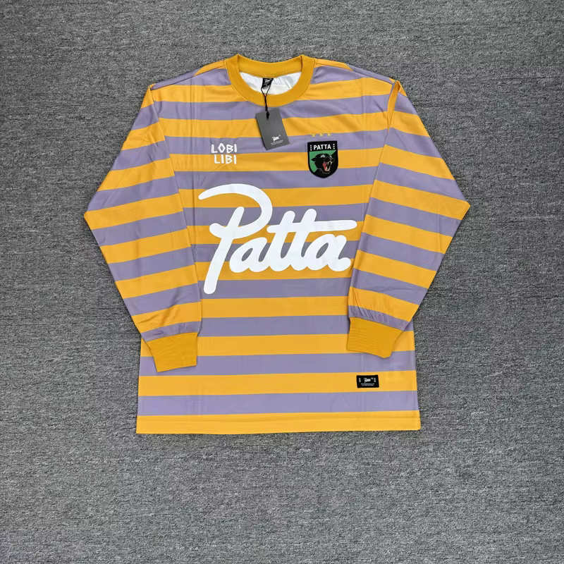 T-shirt à manches longues unisexe à col rond, motif tête de léopard brodé Patta, rayures noires et jaunes, style maillot de football ample