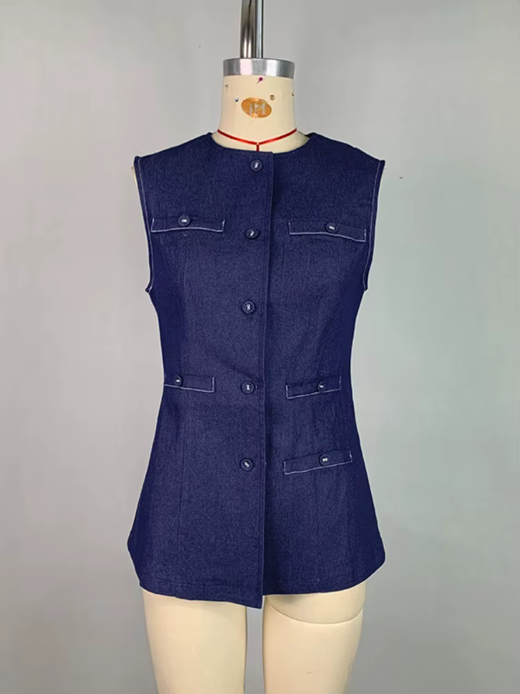Krisstarsgirl 2025 nouveau chemisier en jean hauts pour femme été bleu élégant boutonné avec poches dessus de chemise