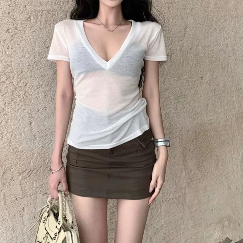 T-shirt à manches courtes transparent pour femme