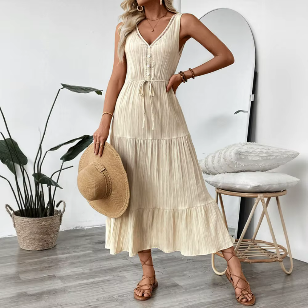 Robe longue texturée sans manches à volants pour femme