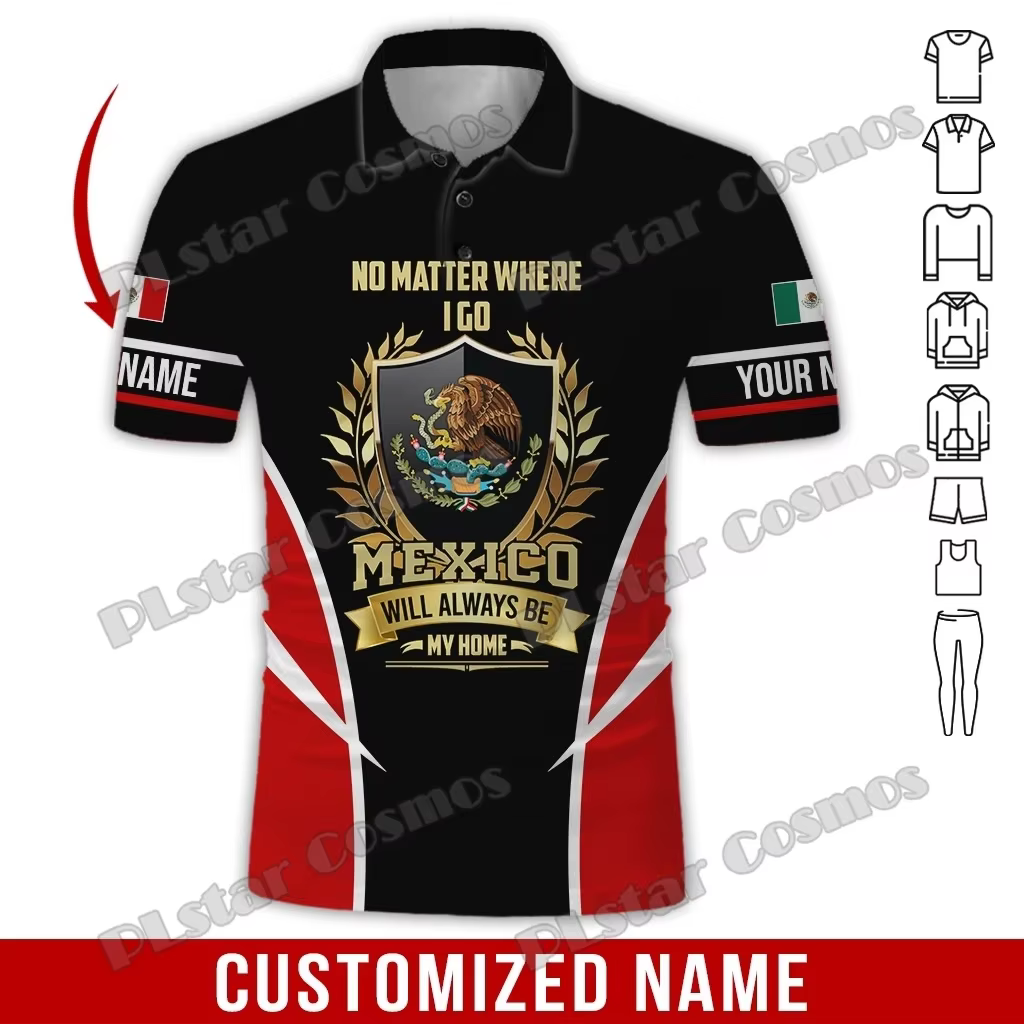 Nom personnalisé mexique blason 3D partout imprimé mode hommes Polo été décontracté unisexe à manches courtes
