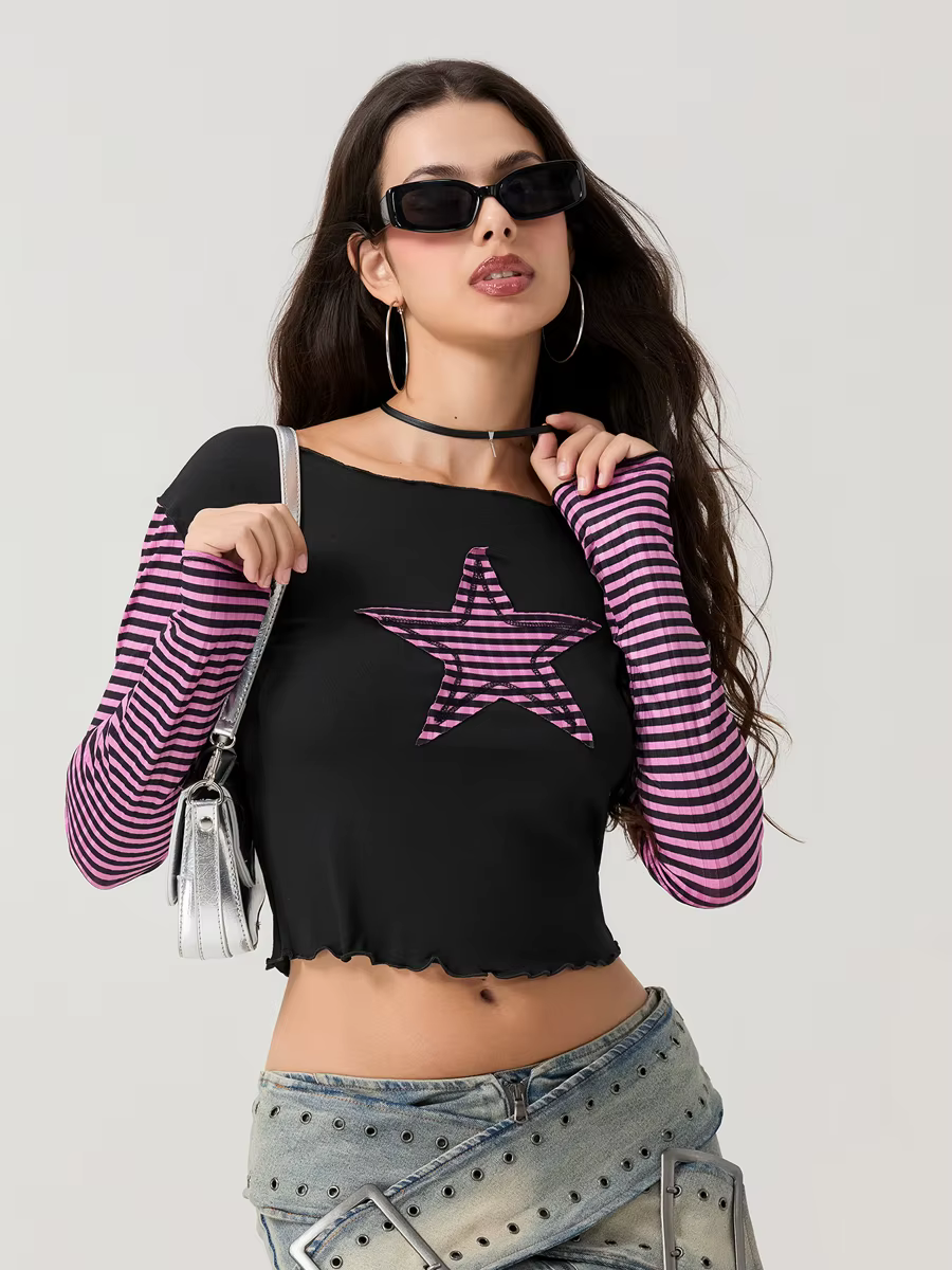 Women T-shirt Long Sleeve Crew Neck Star Stripe