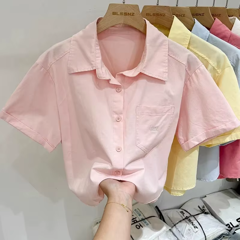 Été coton à manches courtes hauts femmes 2025 nouveaux cols Polo chemise courte brodée Blouses décontractées amples