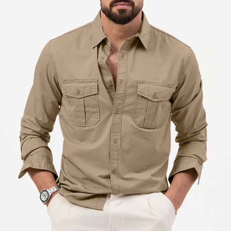Nouvelle chemise décontractée multi-poches à manches longues pour homme