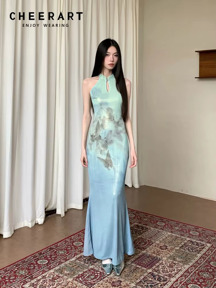 CHEERART papillon sans manches longues robes élégantes pour femme moulante licou modeste Maxi dames sirène robe de soirée été