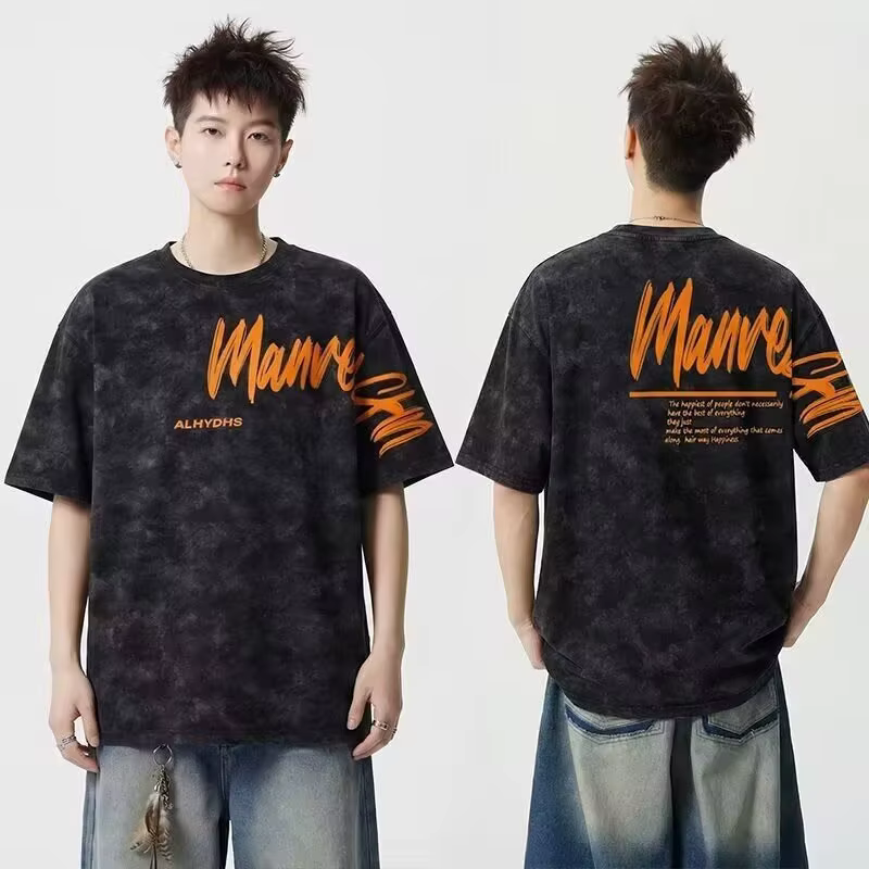 T-shirts Oversize Homme Tie-Dye Imprimé Lettres Vintage Décontractés Style Rétro Streetwear Y2K Mode Été 2026