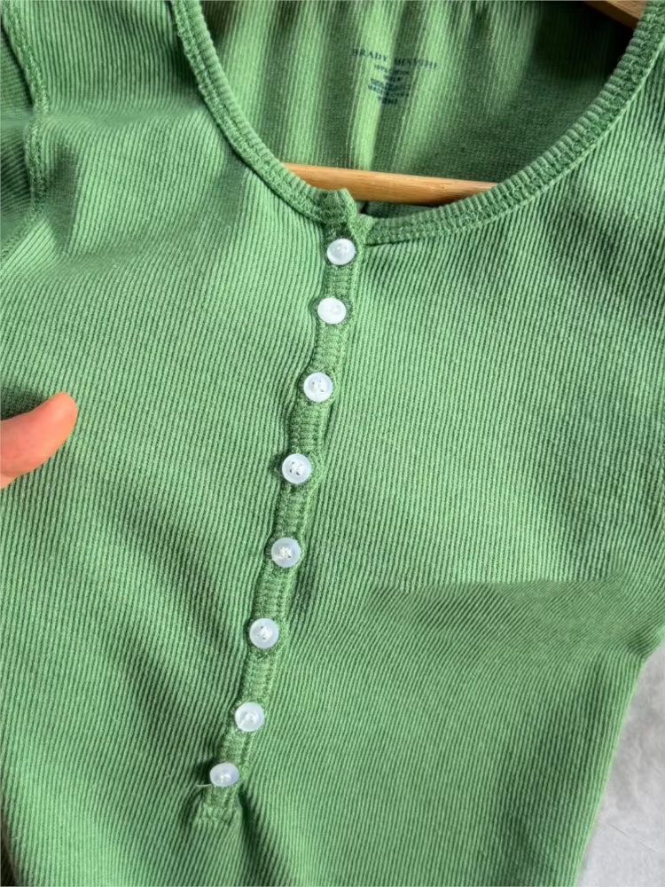T-shirts slim Matcha Buttons pour femmes, été, décontracté, streetwear, côtelé, col rond, manches courtes, doux, simple, polyvalent, Y2K