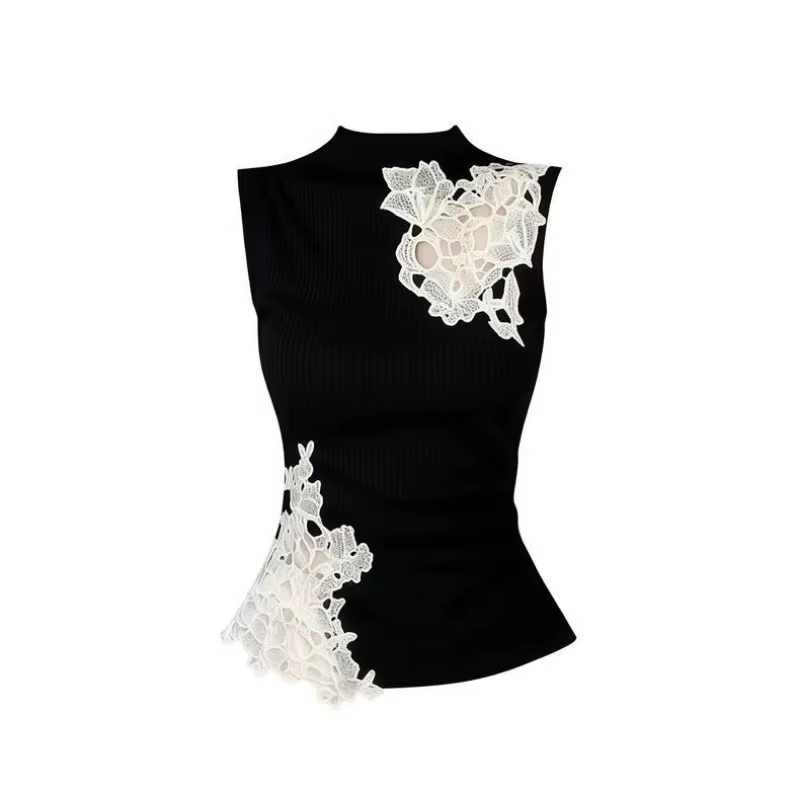 Nouveau débardeur noir en dentelle patchwork sans manches pour femme