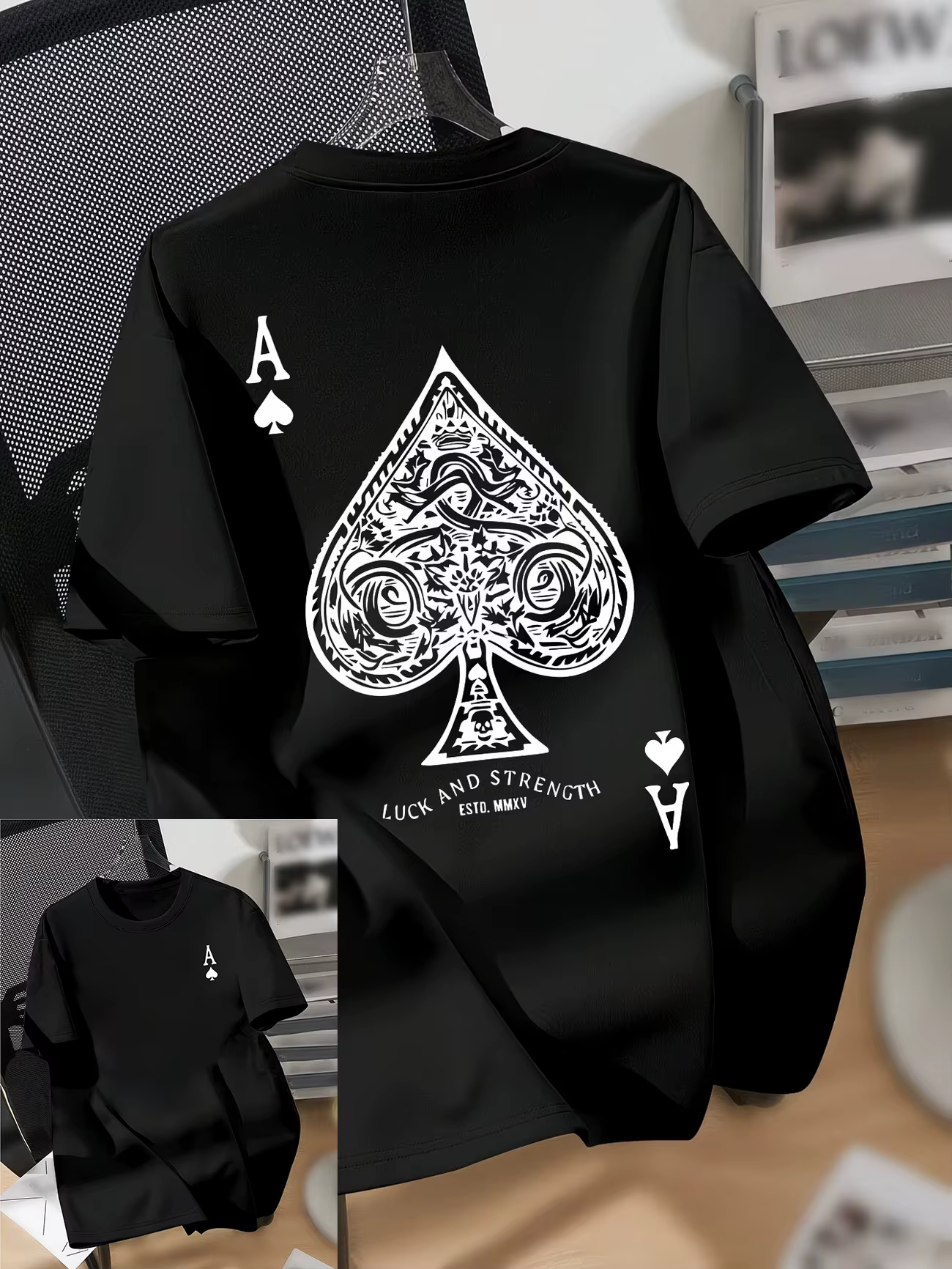 T-shirt graphique Ace Spade pour hommes, imprimé double face, manches courtes, col rond, style vintage streetwear, coupe oversize, décontracté, unisexe