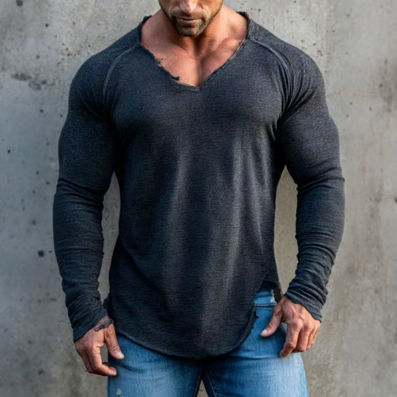 T-shirt de fitness à manches longues et col en V pour homme