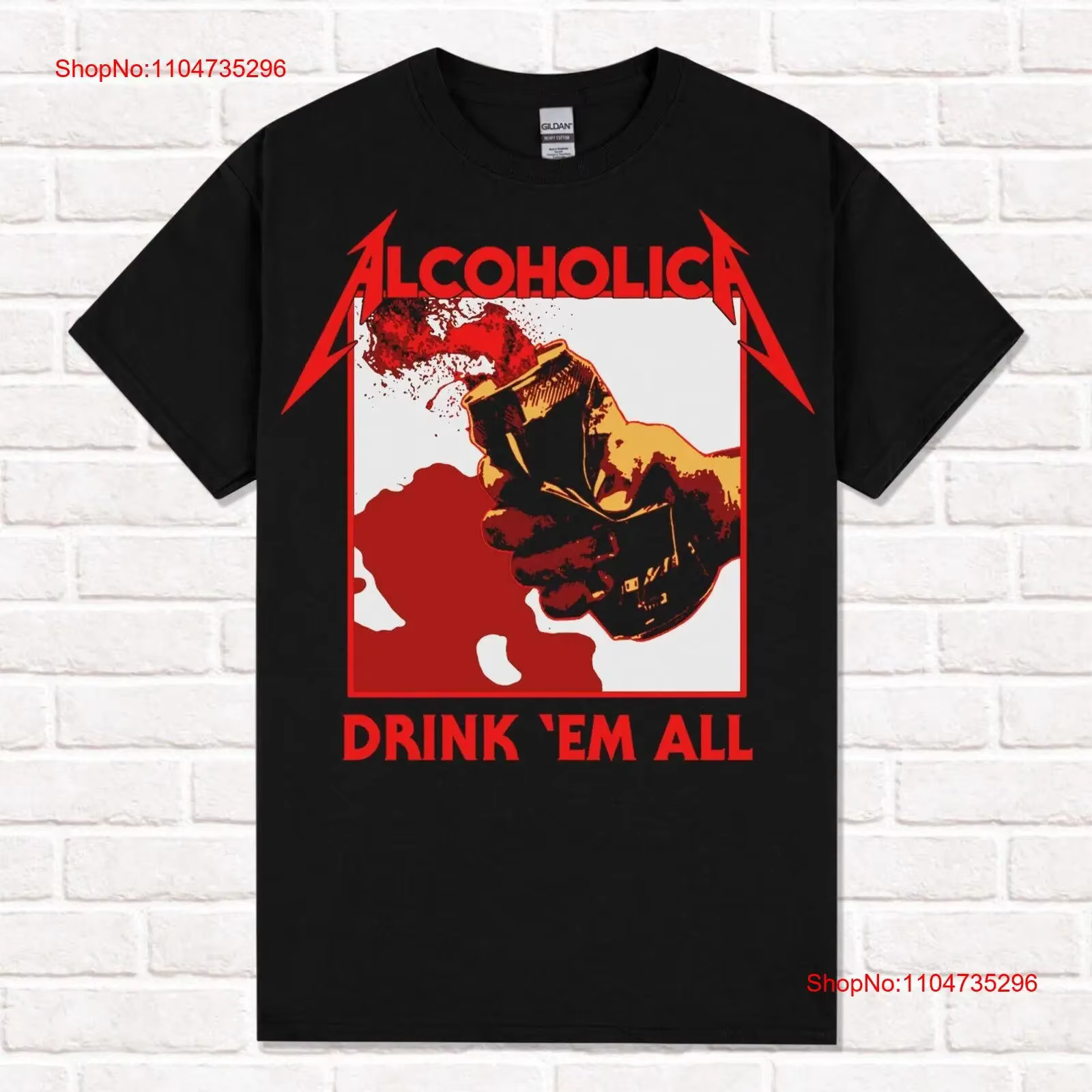 Alcoholica Drink 'Em All T Shirt Thrash Metal Beer Style vintage lavé élégant haut étiré pour un usage quotidien respirant doux