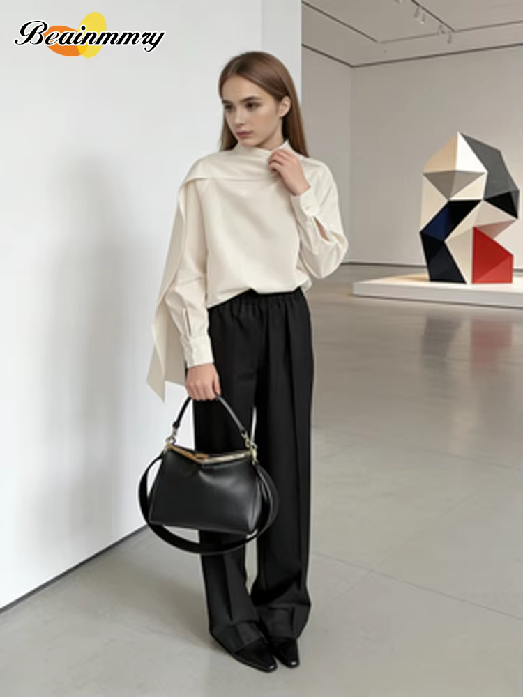 Chemise ample à col écharpe pour femme, élégante, à manches longues, avec ruban, épaule inclinée, chemisier tendance, nouveau printemps, chemises de bureau pour le trajet quotidien, 2026