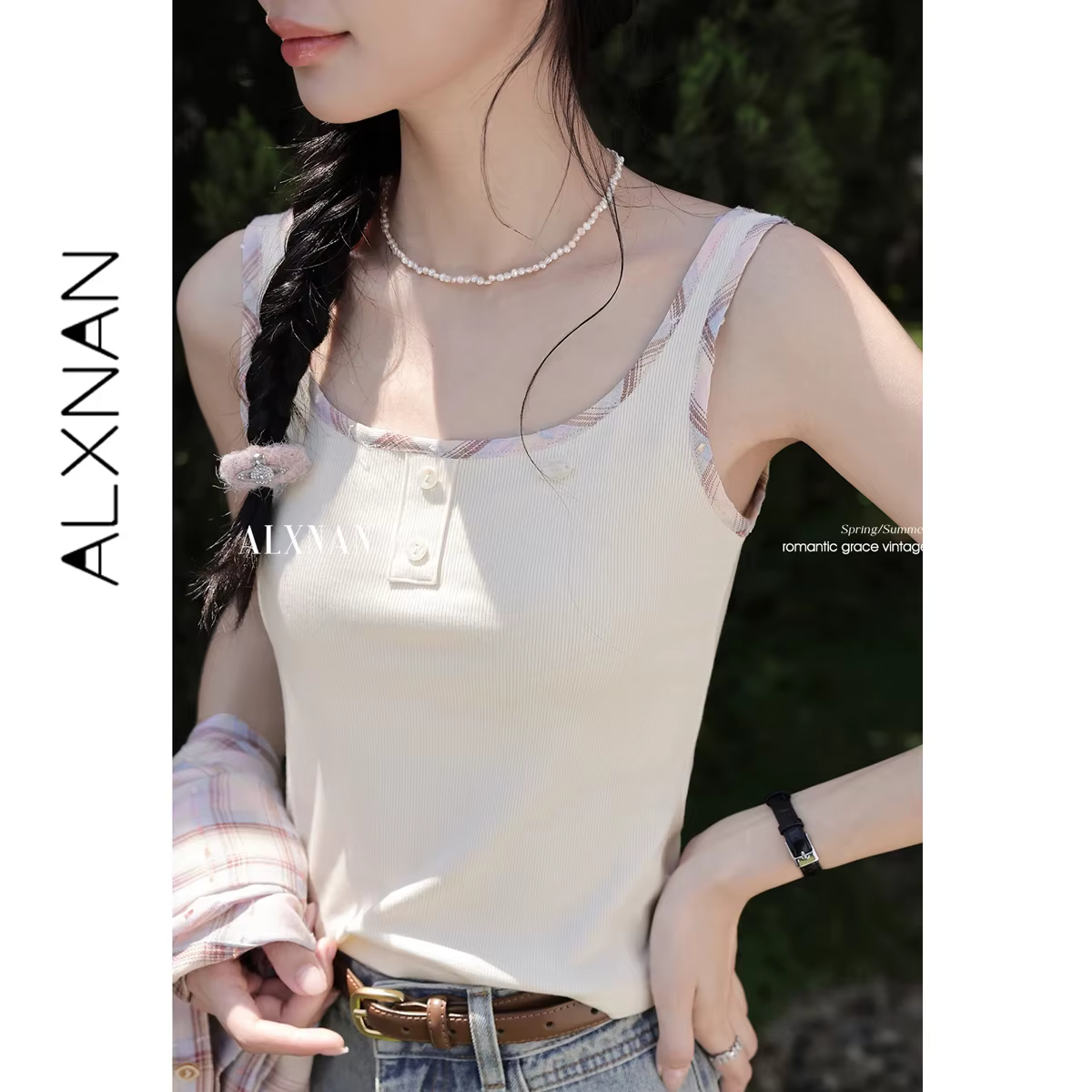 ALXNAN Débardeurs Femme Blanc Cassé Élégant Coupe Ajustée Camisole Été 2026 Décontracté Vacances Plage Sans Manches