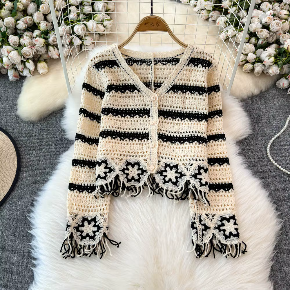 Haut en tricot au Crochet brodé à fleurs