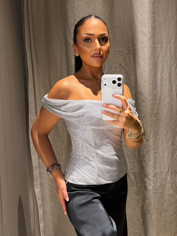 HH femmes été Sexy mince une pièce col haut argent diamant décoration