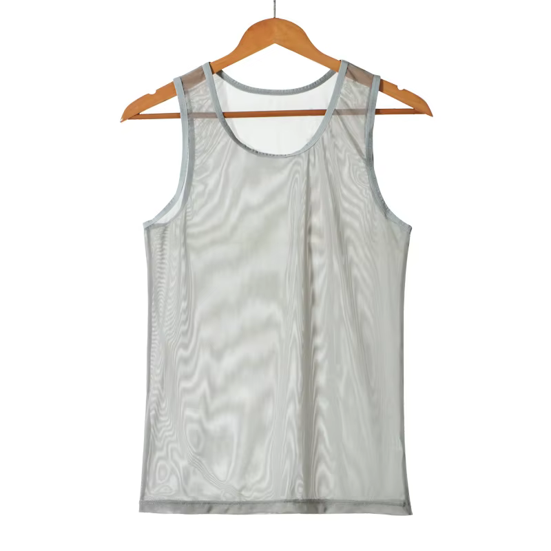 Hommes sans manches maille pure réservoir vêtements d'extérieur gilet d'entraînement résille évider voir à travers le maillot de corps