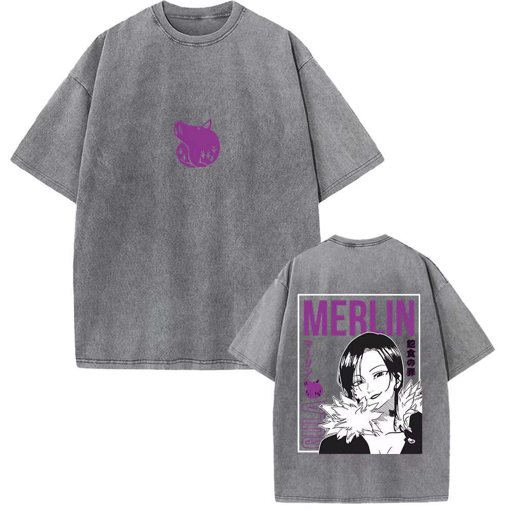 Merlin les sept péchés capitaux graphique T-shirt Manga Vintage lavé surdimensionné