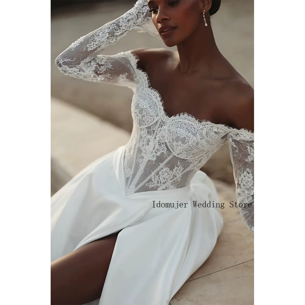 Robe De mariée De luxe en dentelle, épaules dénudées, Sexy, fente haute, en Satin, Corset élégant, dos nu, personnalisée