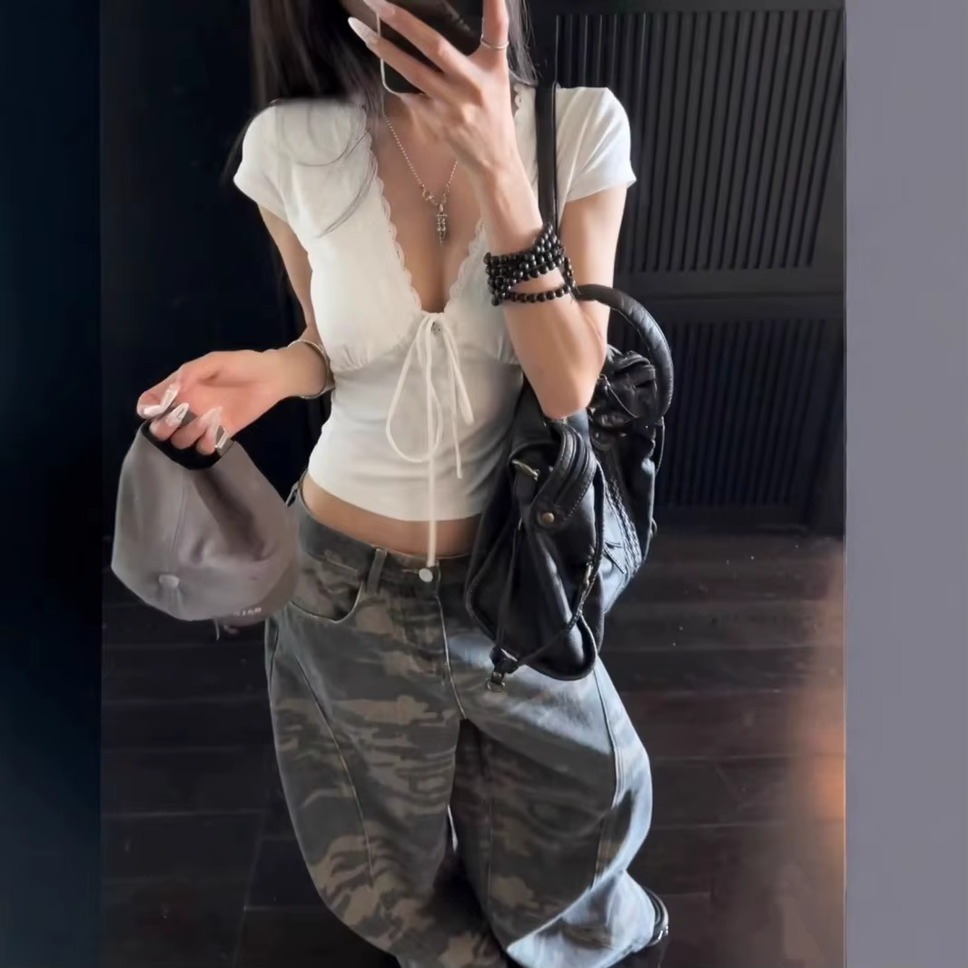 T-shirt sexy en dentelle française Y2K pour femme