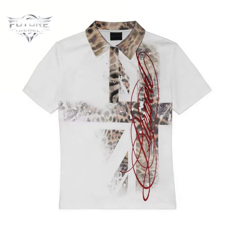 Polo homme Y2K Union Jack imprimé léopard rouge pailleté Streetwear Harajuku unisexe coupe ample tendance mode nouvelle arrivée cool