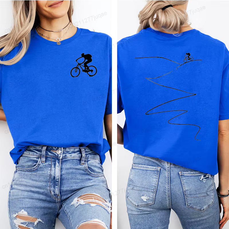 T-shirt imprimé pour cyclistes, haut décontracté à manches courtes et col rond pour l'été et le printemps, vêtements pour femmes