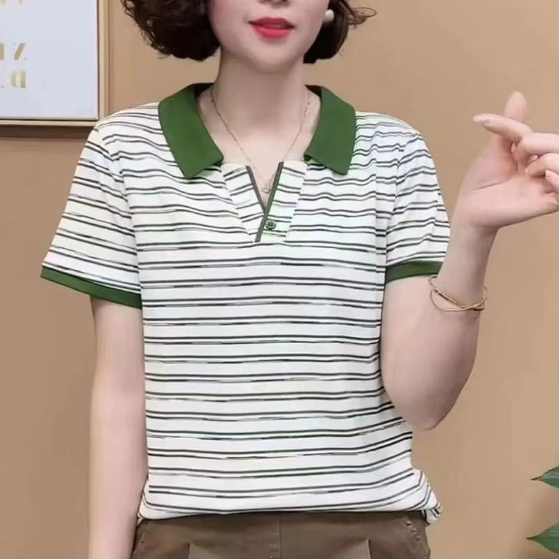 Nouveauté Été : Polo rayé à revers pour femme, coupe ample à manches courtes, style décontracté et polyvalent