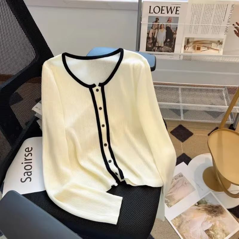 Cardigan en tricot chic style tweed pour femme avec bordure contrastante, manches longues fines, grande taille, élégant et polyvalent, pour le quotidien, S-5XL