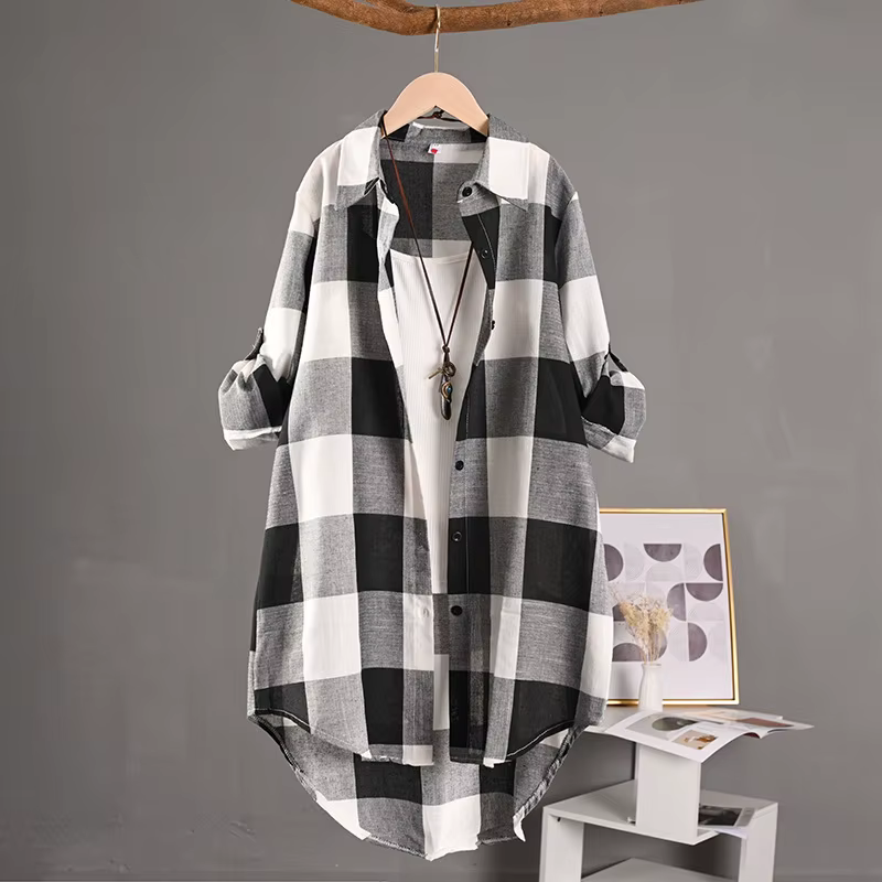 Chemise à carreaux à manches longues pour femmes