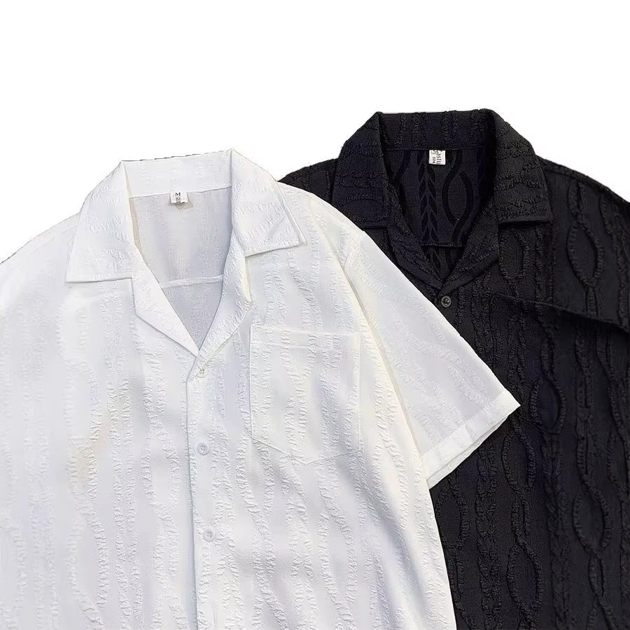 Chemise de plage ample à col cubain texturé à manches courtes pour homme – Tissu mélangé décontracté d'été à haute résistance des couleurs – Mode jeune