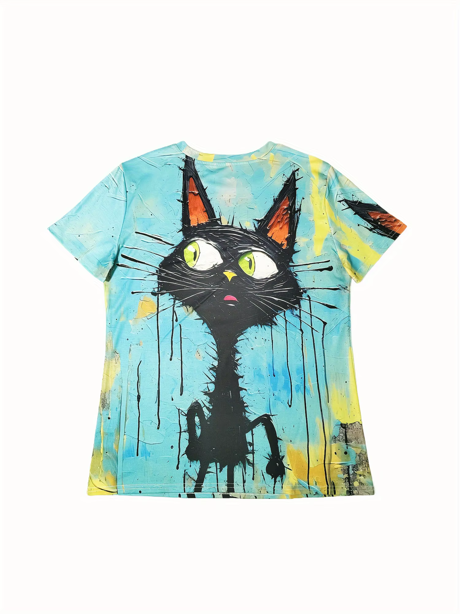 T-shirt femme Turquoise Pop Art Cat - Motif chat noir audacieux et effet goutte de peinture