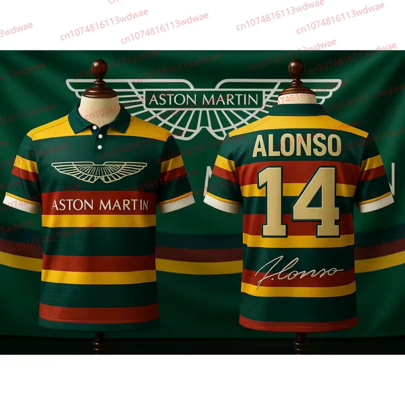 Aston Martin Racing Team Training Street Style Button Polo Shirt Fernando Alonso 14 Vêtements à manches courtes pour hommes et femmes