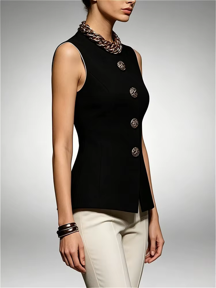 Modigirl 2025 noir élégant été hauts pour femmes sans manches bouton Simple Streetwear T-shirts femme sortir vêtements