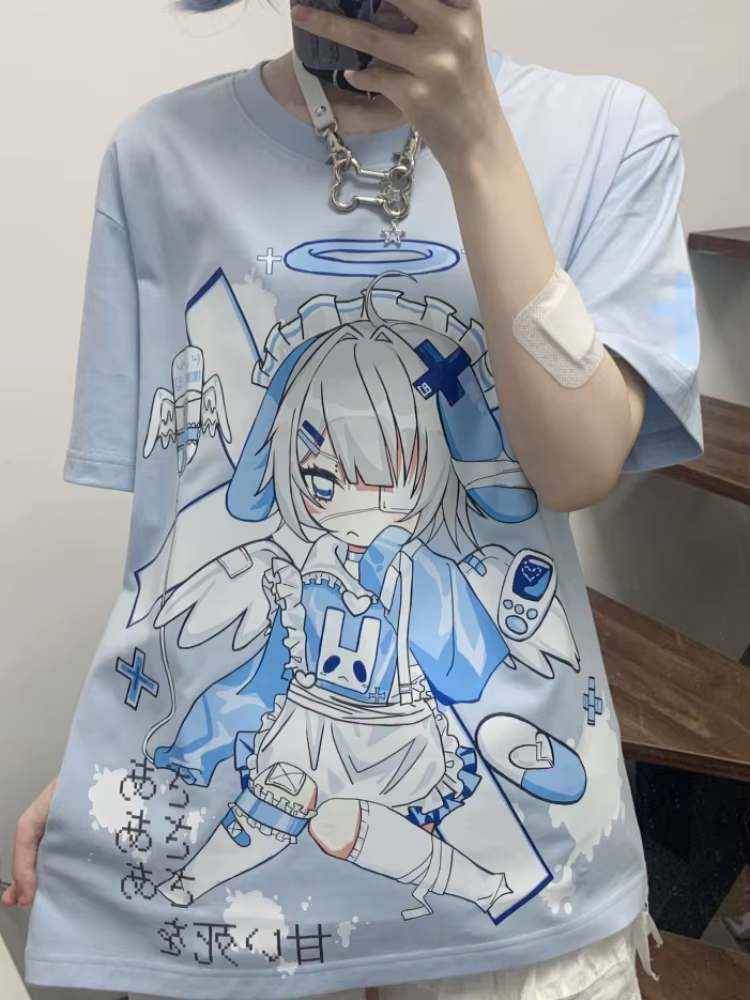 T-shirt imprimé dessin animé japonais Harajuku pour femmes