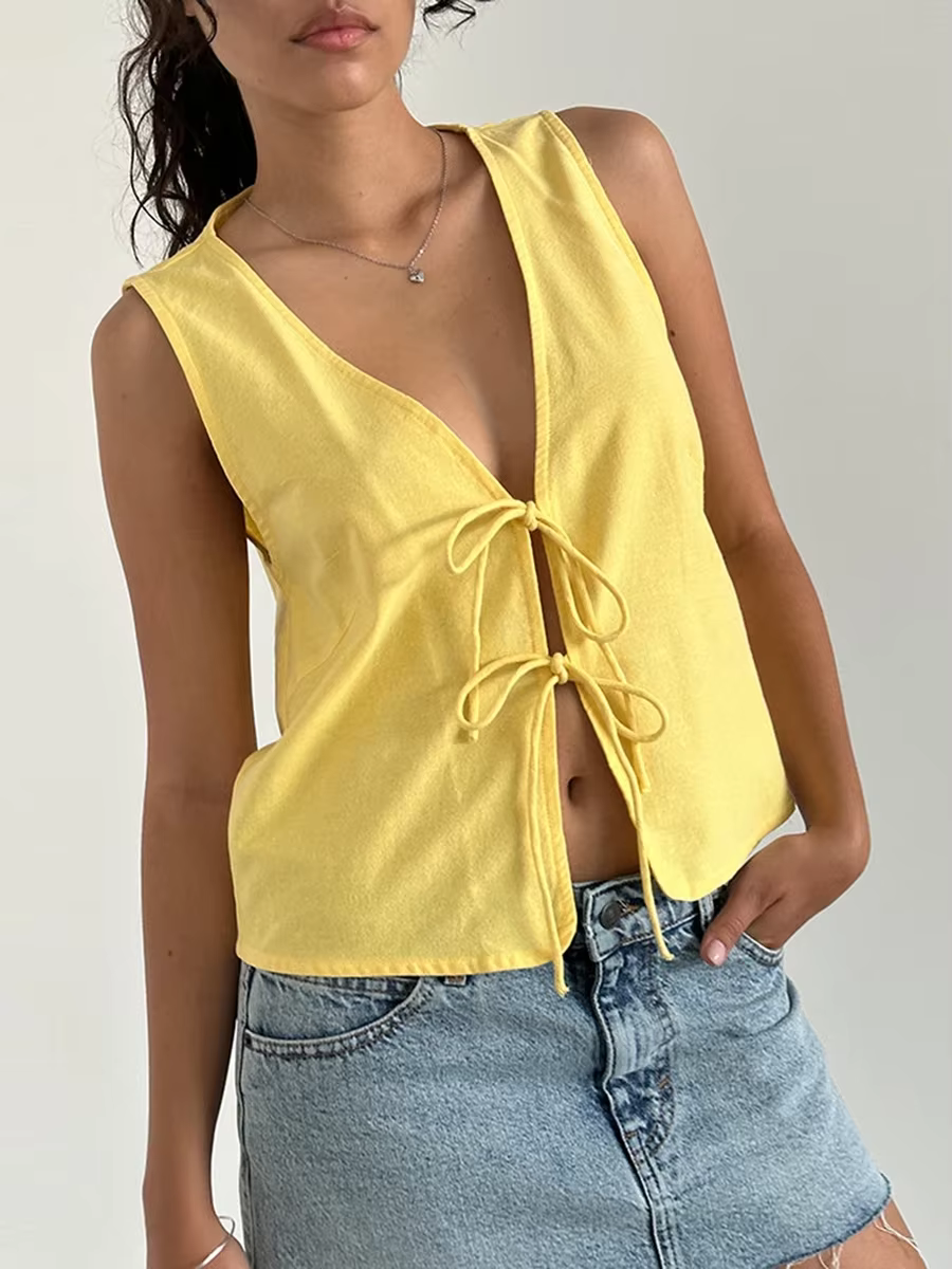 Haut court à bretelles pour femme, nœud papillon, rétro, précieux, glaçure courte, mode streetwear, Y2K, été
