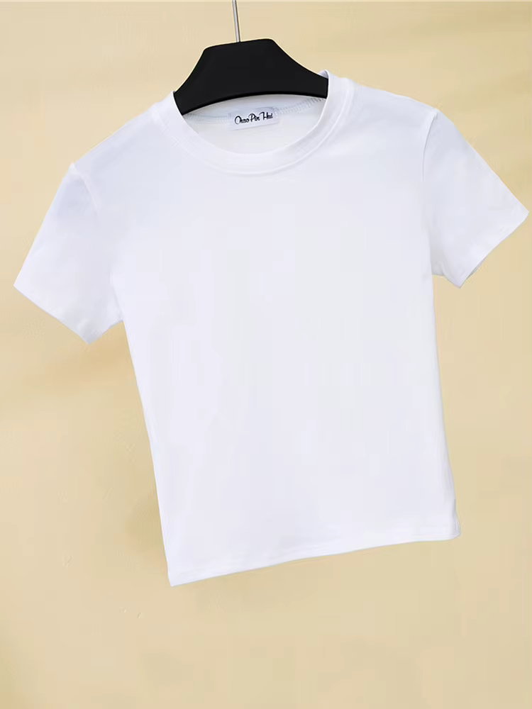 Vert haut court T-Shirt Femme solide coton col rond manches courtes T-shirts pour femmes taille haute mince