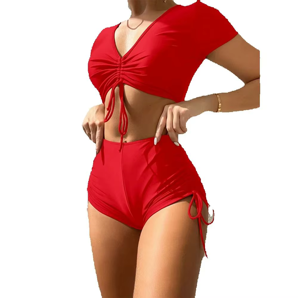 Maillot de Bain Sexy à Manches Courtes et Col en V, Bikini Noir/Rouge, Taille Haute, avec Cordon de Proximité, Couleur Unie, Tenue d'Été à vaccage Rapide