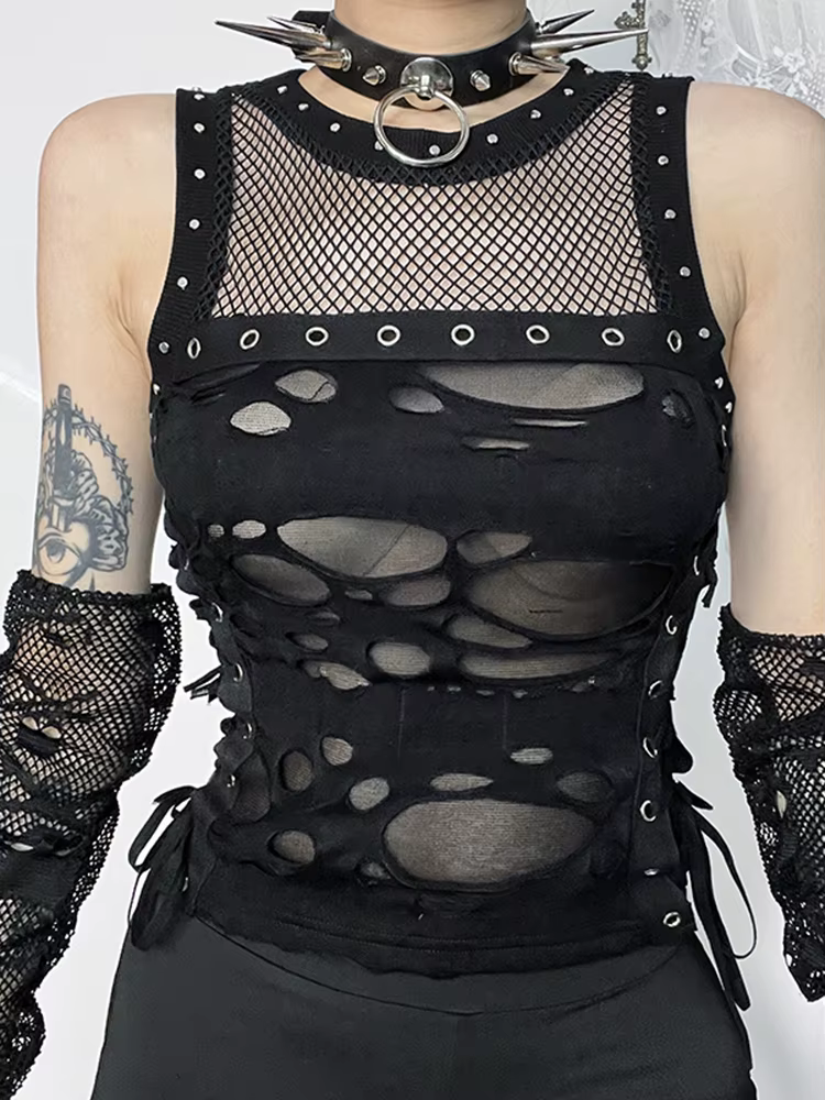 Centre commercial gothique gilet femmes Sexy trou voir à travers à lacets culture débardeurs Streetwear Cyber Punk