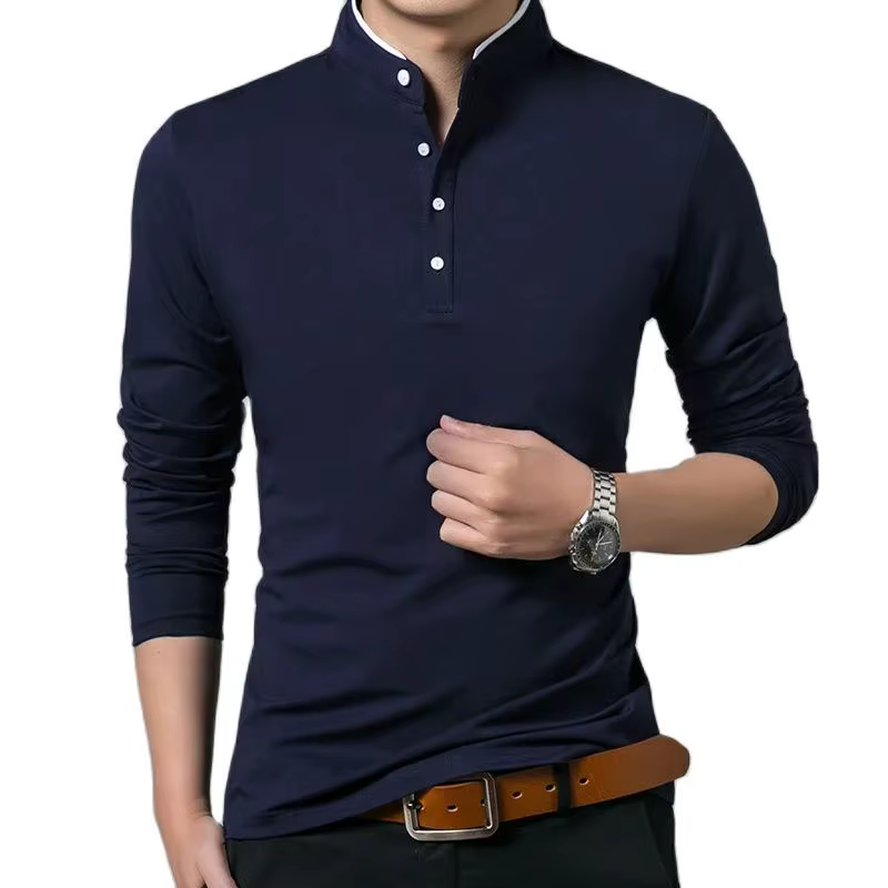 SHiONFA t-shirts en pur coton pour hommes col Mandarin à manches longues chemise confortable simple boutonnage doux supérieur extérieur pour le printemps automne